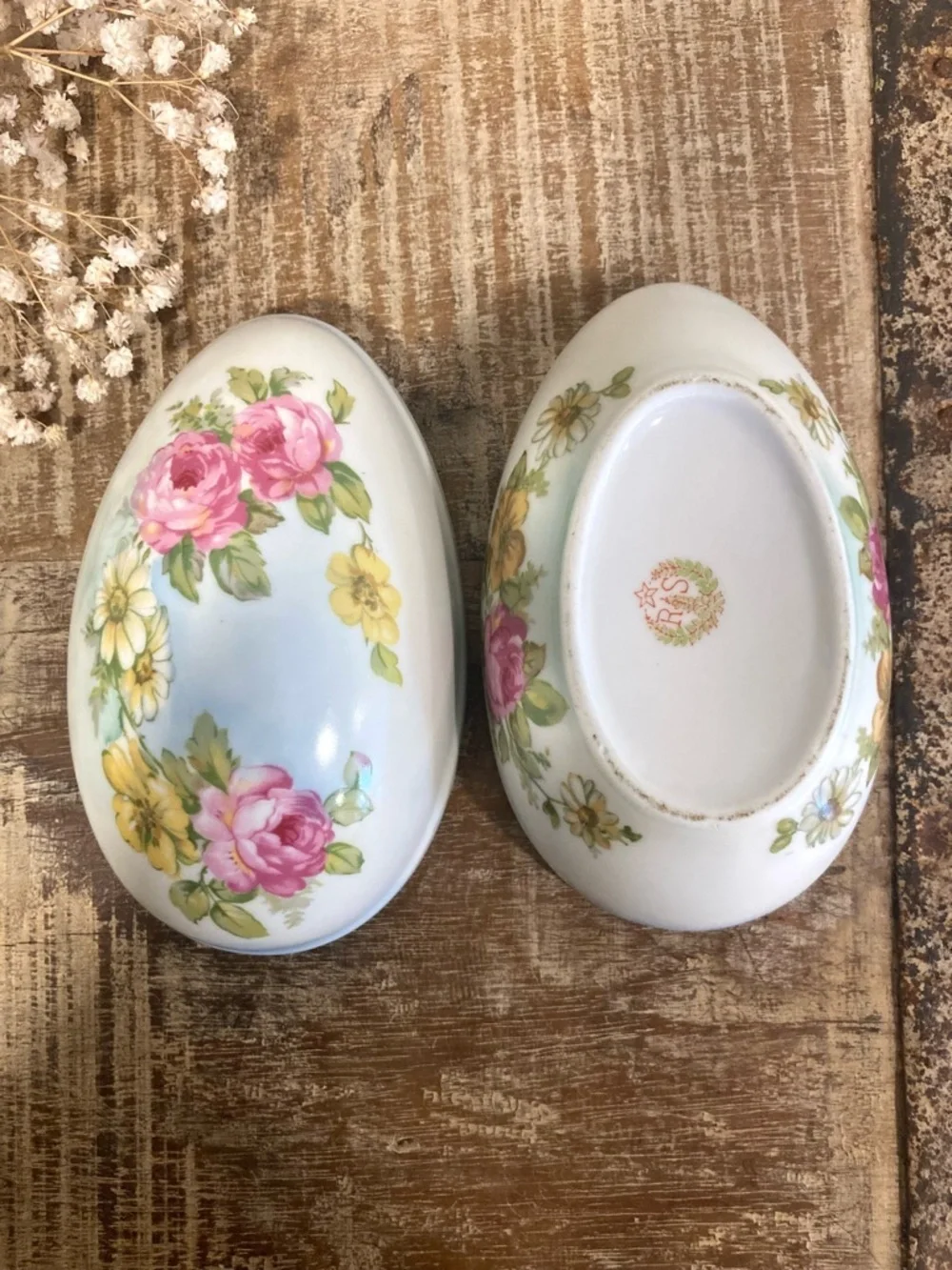 RS Prussia Floral Porcelain Egg Trinket Box – Vintage Hand‑Painted